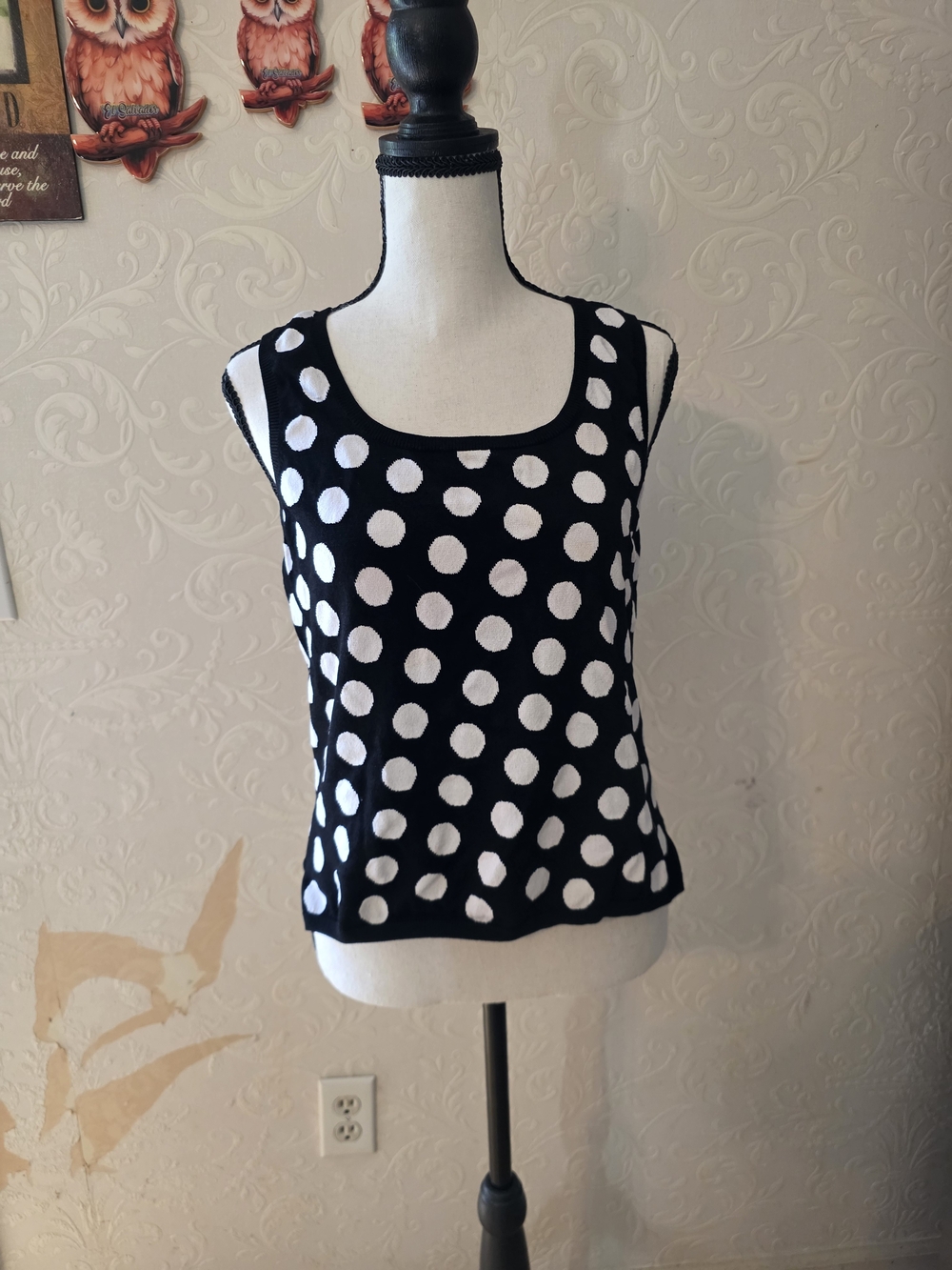 Studio Polka Dot Knit Tank Top in Black & White Size Large